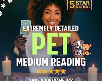 May include: An image promoting pet medium readings. The text reads "EXTREMELY DETAILED PET MEDIUM READING" with a 5-star rating. The image includes a woman holding a tarot card, along with illustrations of a dog and cat.