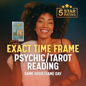 May include: A smiling person holds a tarot card with a dog illustration. The image features text that reads "EXACT TIME FRAME PSYCHIC/TAROT READING SAME HOUR/SAME DAY" and a "5 STAR RATING" graphic. The background is a gradient of dark blue and teal.