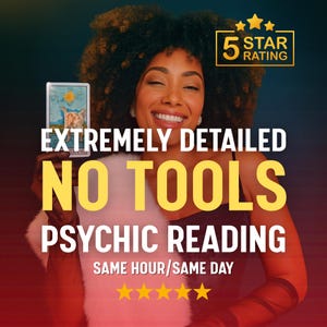 Könnte beinhalten: Eine lächelnde Person hält eine Tarotkarte mit einer Hundeillustration. Das Bild enthält den Text "EXTREM DETAILLIERT OHNE WERKZEUGE PSYCHISCHE LESUNG" und "GLEICHE STUNDE/GLEICHER TAG". Eine goldene Sterne-Bewertungsgrafik ist ebenfalls vorhanden.