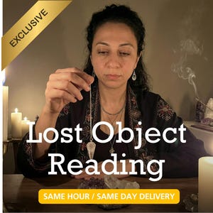 May include: A woman holding a crystal pendulum, with the text "Lost Object Reading" and "Same Hour / Same Day Delivery." The image has a warm, candlelit ambiance, with a gold "Exclusive" banner in the corner.