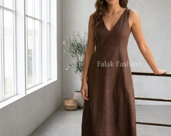 Mouwloze linnen midi-jurk, a-lijn jurk met V-hals, handgemaakte elegante zomeroutfit