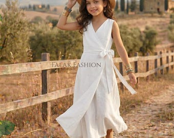 Robe portefeuille en lin pour fille, Robe sans manches en coton et lin, Robe en lin petite fille trapèze grande taille, Robe d'été en lin