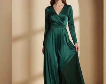 Long Sleeve Maxi Dress, Satin Wrap Style Elegant Evening Wear, Minimalist Formal Look Wedding Guest Dress