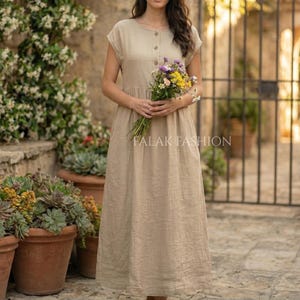 Linen Maxi Dress For Women – Cottagecore Style Button Front Midi Dress, Plus Size Dress Minimalist Natural with Pockets