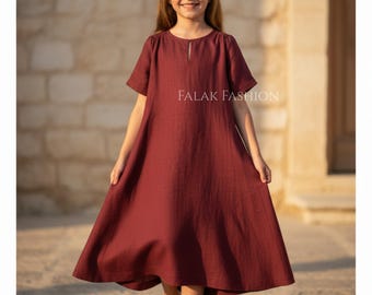 Girls Special Linen Dress, A Line Summer Handmade Outfit, Sleeveless Toddler Maxi Kids Party Attire