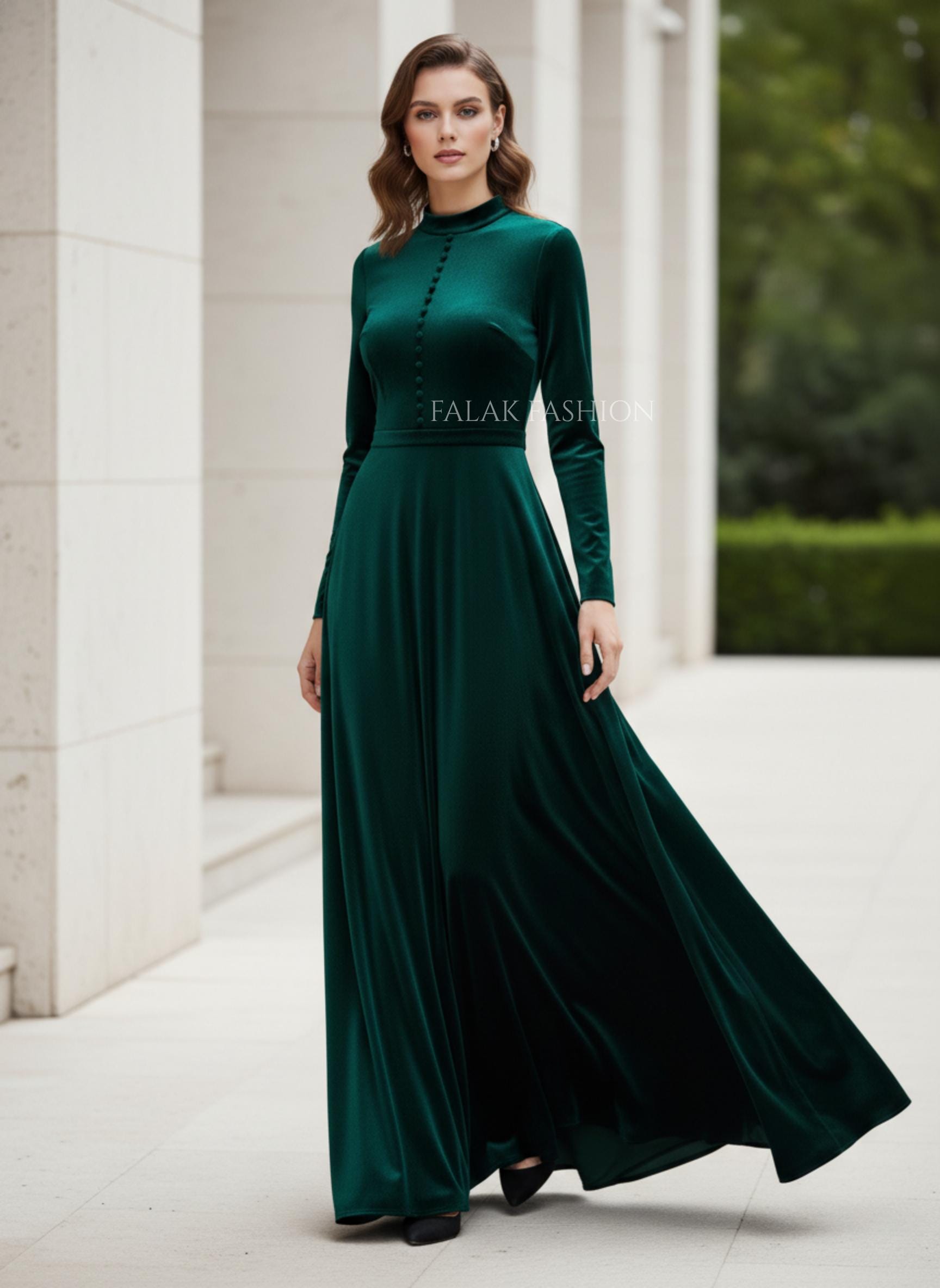 Velvet Maxi Gown, Mock Neck Long Sleeve Formal Dress, Elegant Wedding Guest Attire