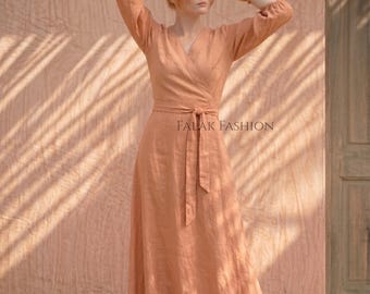 長袖リネンマキシドレス、VネックAラインドレス、ラップスタイル、手作りのエレガントな夏の装い