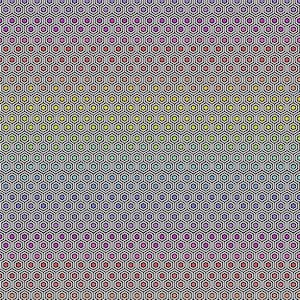 May include: A repeating pattern of colorful, geometric hexagons. The hexagons are arranged in a grid, with each row and column of hexagons touching. The colors of the hexagons transition from red to purple, yellow, green, and blue. The background is black and white.