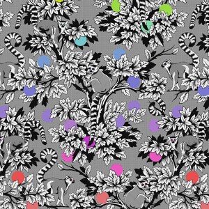 May include: A repeating pattern featuring lemurs in trees with black and white foliage and colorful orbs. The lemurs have striped tails and are in various poses. The orbs are in shades of red, pink, purple, blue, and green, set against a gray dotted background.