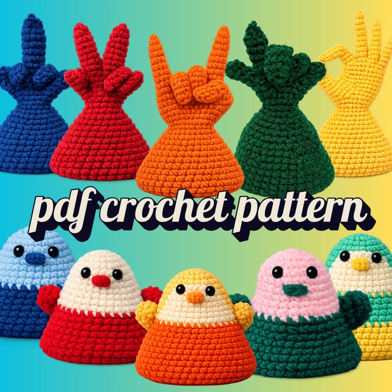 May include: A selection of vibrant crochet items, featuring hand gestures and bird-shaped figures. The hand gestures are in blue, red, orange, green, and yellow. The birds are in various colours with white and black details. The text "pdf crochet pattern" is displayed.