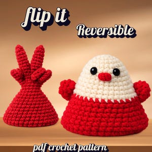 May include: Two crochet figures: a red peace sign and a white and red snowman-like character. The snowman has black eyes and a red nose. The text "flip it" and "Reversible" are above the figures. The text "pdf crochet pattern" is below.