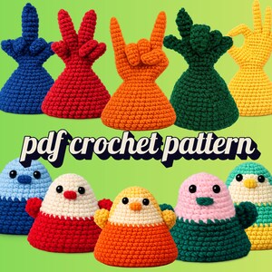 May include: A selection of vibrant crochet items, featuring hand gestures and bird-shaped figures. The hand gestures are in blue, red, orange, green, and yellow. The bird figures are in blue, red, yellow, orange, pink, and green. The text "pdf crochet pattern" is also visible.