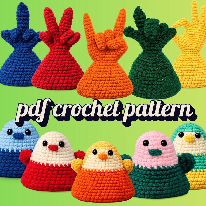 May include: A selection of vibrant crochet items, featuring hand gestures and bird-shaped figures. The hand gestures are in blue, red, orange, green, and yellow. The bird figures are in blue, red, yellow, orange, pink, and green. The text "pdf crochet pattern" is also visible.