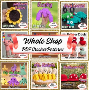 May include: A digital collage of crochet patterns featuring a sunflower coaster, a purple Eridian, green frog coasters, animal finger puppets, rubber ducks, hand-shaped finger puppets, octopuses, banana characters, and mushroom hats with text.