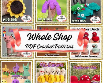 May include: A digital collage of crochet patterns featuring a sunflower coaster, a purple Eridian, green frog coasters, animal finger puppets, rubber ducks, hand-shaped finger puppets, octopuses, banana characters, and mushroom hats with text.