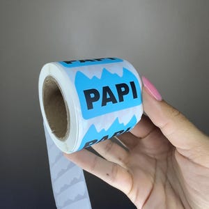 Puede incluir: Un rollo de etiquetas adhesivas con un gráfico azul claro en forma de montaña y la palabra PAPI impresa en letras mayúsculas negras y negritas. Las etiquetas están dispuestas en una tira continua sobre un núcleo de cartón.