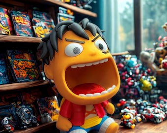 May include: A yellow figurine with an open mouth, wearing a red jacket and blue pants, sits on a wooden surface. The figurine is surrounded by miniature toys and comic books. The figurine's mouth is open, revealing a red interior.