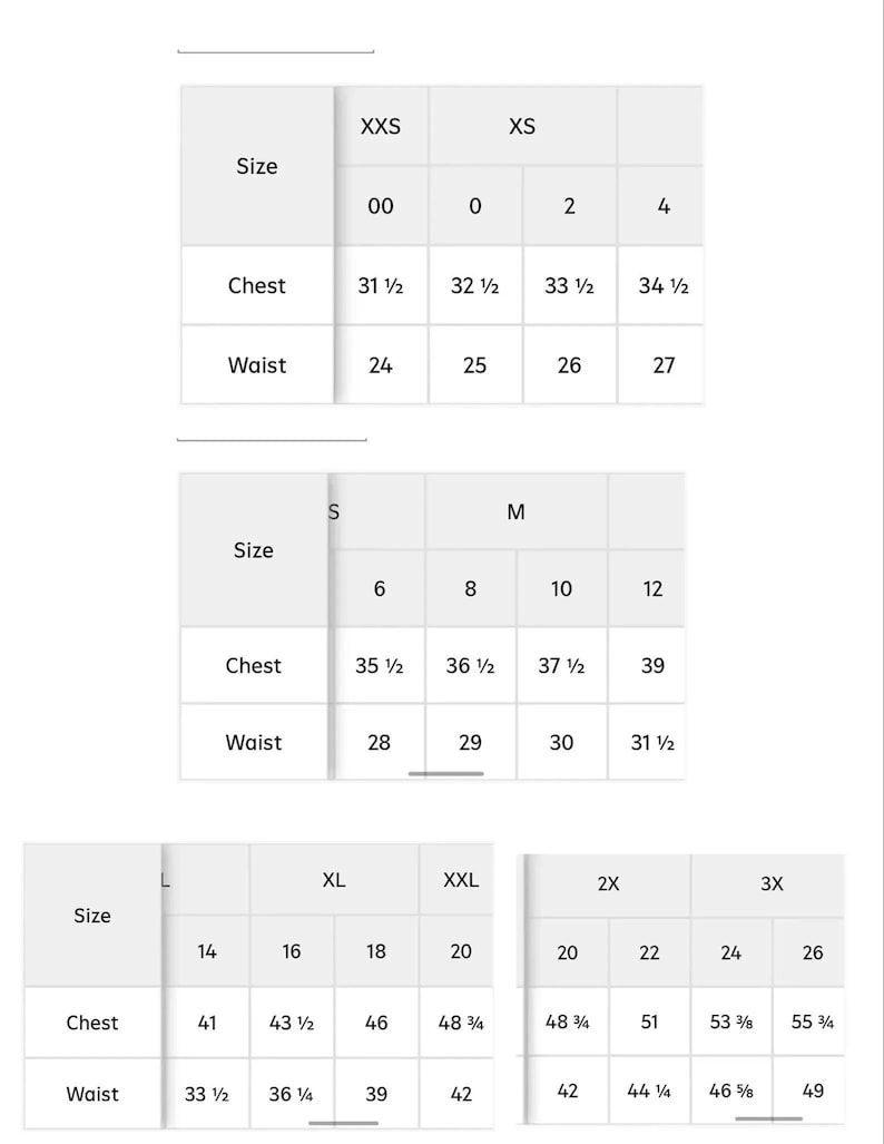 Peut inclure: Un tableau des tailles blanc avec des mesures de poitrine et de taille en pouces. Les tailles vont de XXS &agrave; 3X, avec les mesures correspondantes. Le tableau est con&ccedil;u pour aider les clients &agrave; trouver la bonne taille de v&ecirc;tement.