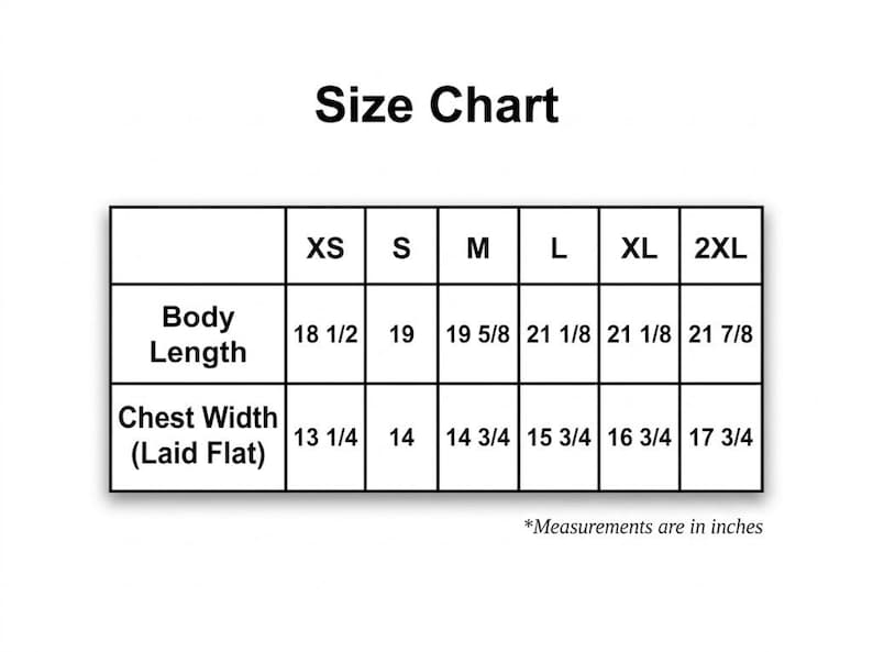 Puede incluir: Una tabla de tallas con medidas en pulgadas. La tabla incluye tallas XS a 2XL, con una longitud de cuerpo que va de 47 a 55,5 cm y un ancho de pecho de 33,7 a 45,1 cm.