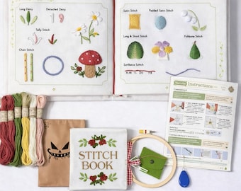 Libro de bordado para principiantes con páginas de tela, 30 puntadas de bordado a mano para adultos, kit de costura floral DIY