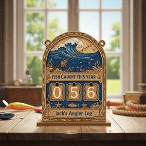 Puede incluir: Registro de pesca de madera con un diseño azul y marrón. La parte superior presenta una ilustración de una ola y una caña de pescar. El registro muestra "Fish Caught This Year" y el número "056". La parte inferior dice "Jack's Angler Log".