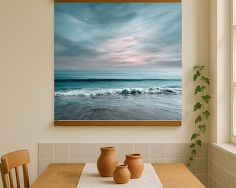 Tapiz colgante Horizonte tranquilo, paisaje oceánico abstracto, decoración costera azul suave
