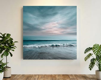 Lienzo de pared con paisaje oceánico abstracto y horizonte tranquilo, decoración costera azul moderna