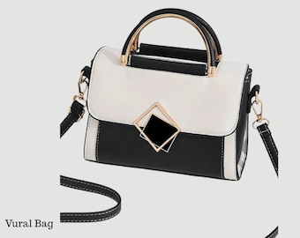 Bolso Blanco Negro Color Block Estructurado Asa Superior Bandolera Elegante