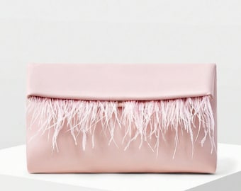 Pink Faux Feather Clutch – Soft Satin Party Purse, Elegant Evening Bag for Women