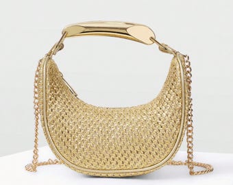 Gold Top Handle Bag – Metallic Woven Evening Purse with Chain Strap for Women