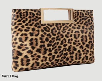 Bolso Clutch Leopardo Pelo Sintético Asa Dorada Bolso Fiesta Elegante Mujer