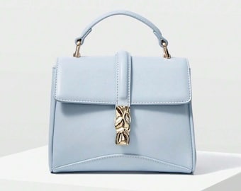 Light Blue PU Leather Top Handle Bag – Elegant Metal Detail Shoulder Purse for Women