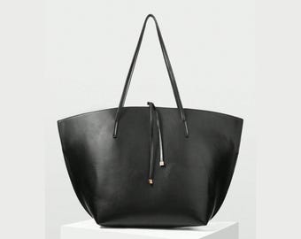 Oversized Black Tote Bag – PU Leather Shoulder Shopper Handbag for Work and Travel