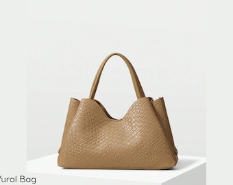 Textured PU Leather Tote Bag – Structured Large Shoulder Handbag with Inner Zip Pocket