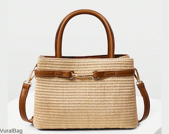 Woven Straw Top Handle Bag – Structured Summer Tote with Brown Vegan Leather Trim