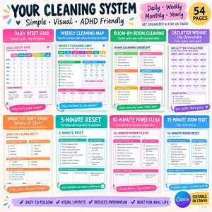 May include: A 54-page digital cleaning system planner featuring colorful, visual checklists for daily, weekly, and monthly tasks. The pages include grids for daily resets, room-by-room cleaning guides, decluttering challenges, and time-based cleaning prompts.