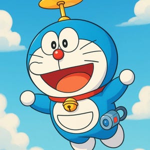 May include: A cartoon illustration of Doraemon, a blue robotic cat, flying in a blue sky with white clouds. Doraemon has a red collar with a bell, a red nose, and a propeller on his head. He is smiling and holding a small device.
