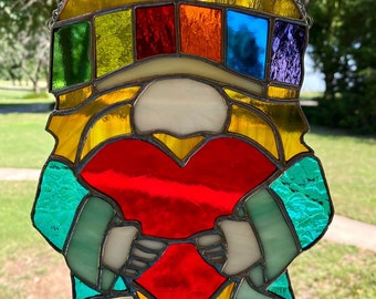 Contemporary Stained Glass Colorful Hippie Heart Dude Panel (PLG306)