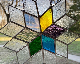 Contemporary Stained Glass Panel Suncatcher - Colorful Diamond Star (PLG321)