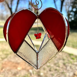 Contemporary Stained Glass Red Heart Spinner Suncatcher (PLG338)