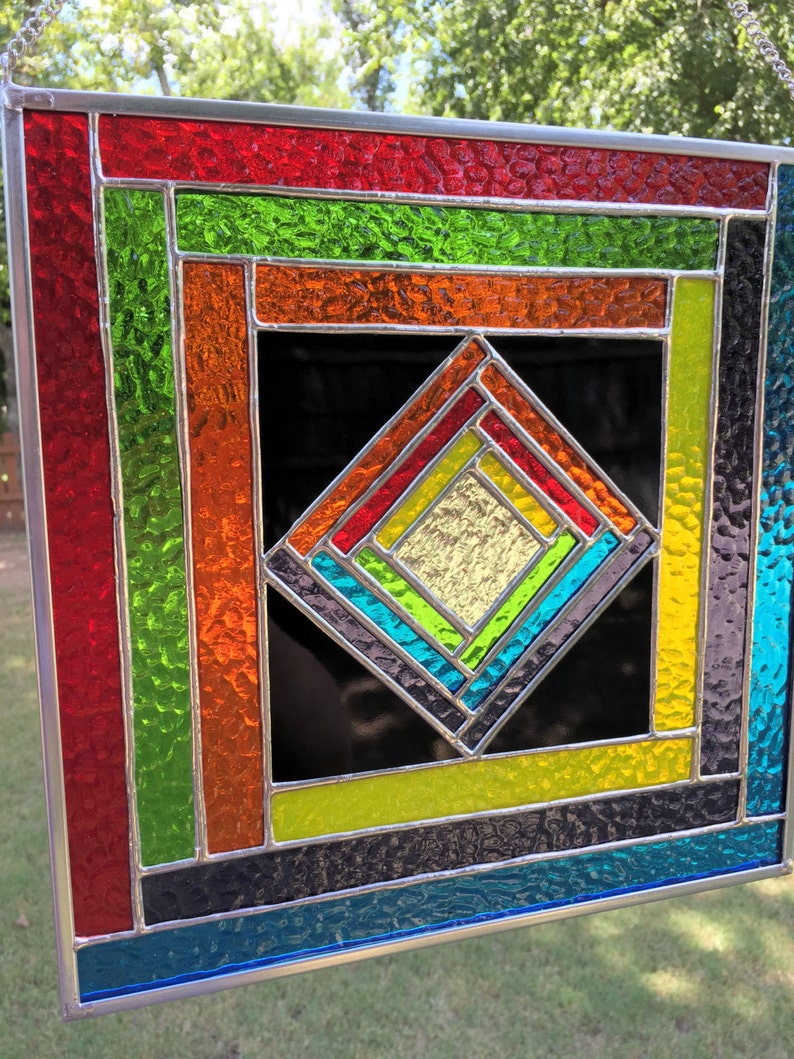 Contemporary Stained Glass Panel Geometric Colorful Etsy