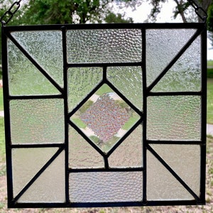 Contemporary Leaded Stained Glass Panel Transparent Geometric Leaded Window Panel (PLG294)