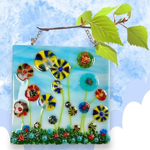 Contemporary Fused Glass Spring Flowers Panel