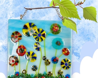 Panel contemporáneo de flores primaverales en vidrio fusionado