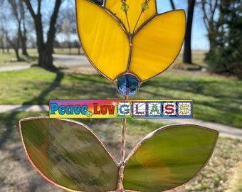 Contemporary Stained Glass Suncatcher Yellow Tulip Garden Stake (PLG257)