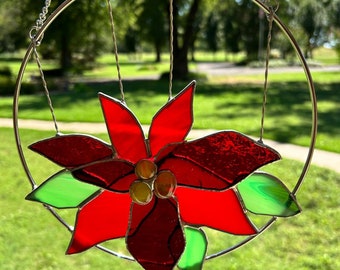 Contemporary Stained Glass Panel Red Poinsettia Ring (PLG359)