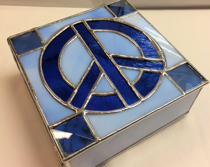 Contemporary Stained Glass Box Keepsake Box Peacesign Box Retro Blue