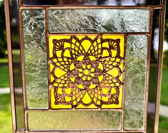 Contemporary Stained Glass Panel Yellow Purple Mandala Foil Overlay (PLG353)