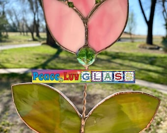 Contemporary Stained Glass Suncatcher Pink Tulip Garden Stake (PLG258)