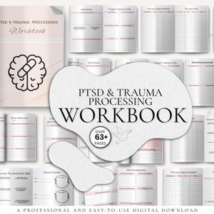 Puede incluir: Un cuaderno de trabajo digital titulado "PTSD & Trauma Processing Workbook" con un gráfico de cerebro y el texto "Over 63+ Pages". El cuaderno incluye páginas para la autorreflexión, citas de terapia y seguimiento del estado de ánimo. Una descarga digital profesional y fácil de usar.